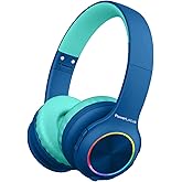 PowerLocus PLED Kids Bluetooth Headphones, Kids Wireless Headphones with LED Lights, 74/85/94dB Safe Volume, Micro SD, AUX Cable, Hi-Fi Stereo, Built-in Mic Over Ear Kid Headphone for Travel/Tablet/PC