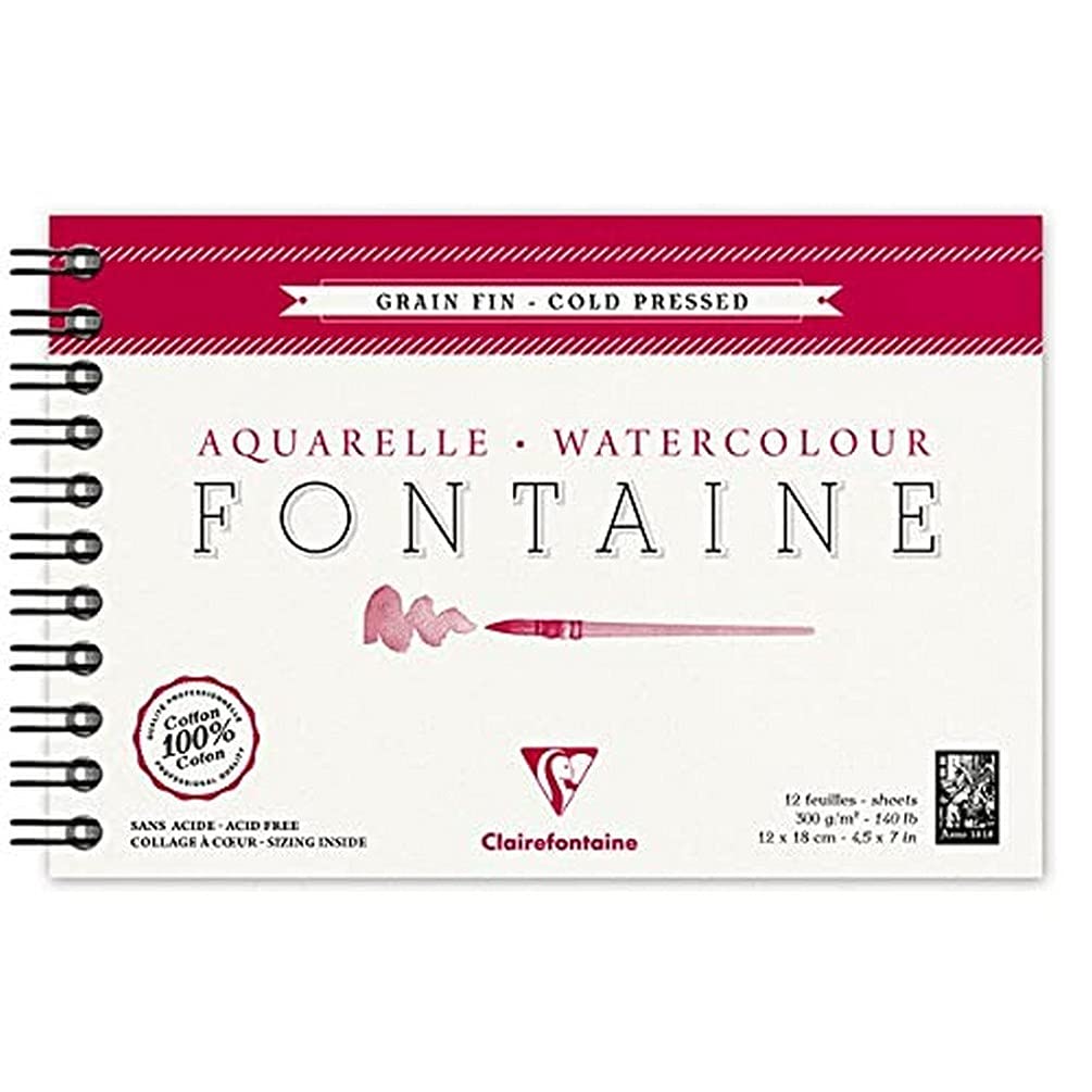 Clairefontaine - Ref 96312C - Fontaine Cold Pressed Watercolour Wirebound Pad (12 Sheets) - 12 x 18cm Size, 300gsm Paper - Suitable for Watercolour Artwork