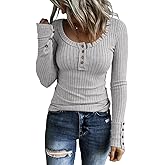 KINLONSAIR Women’s Long Sleeve Henley T Shirts Button Down Slim Fit Tops Scoop Neck Ribbed Knit Shirts