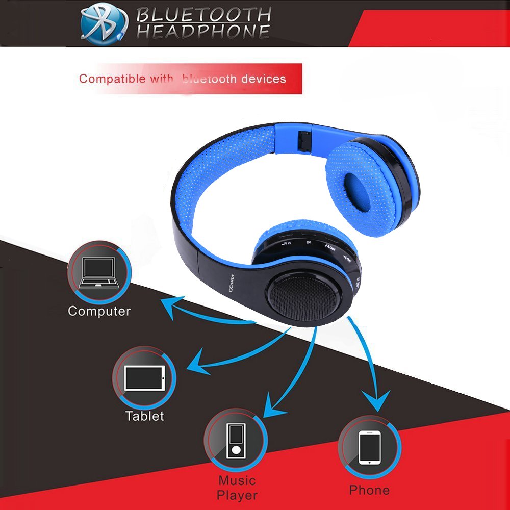 Ecandy Bluetooth para auriculares con 3 Modo Luz Led estéreo de música plegable Sobre-oído sonido de alta fidelidad, construido en llamadas inalámbricas micrófono de manos libres para Iphone X 8 7 6S 6S, 6S Plus de Samsung, Android smartpho