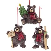Kurt Adler Lodge Bears in Red Plaid Scarves Christmas Holiday Ornaments Set of 3