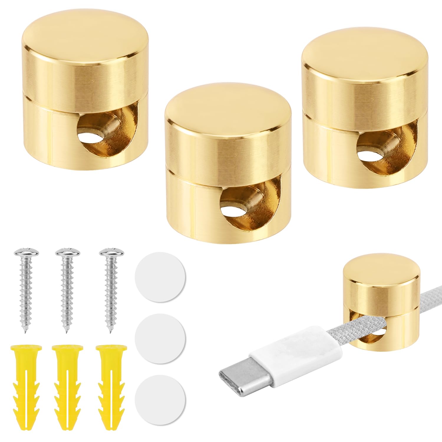 Photo 1 of 3pcs Gold Cable Anchors, Metal Phone Charger Cord Holders Cable Management Clips Multi-Function Aluminum Wire Organizer for Home Office Desktop Wall Nightstand