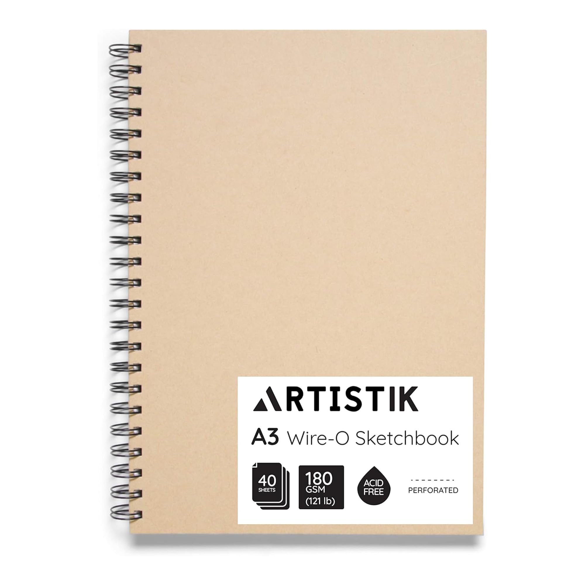 A3 Sketchbook - (Pack of 1 Books, 80 Pages (40 Sheets) Wire-O Portrait Drawing Pad for Heavy Mixed Media with Perforated 180gsm Acid-Free Cartridge Paper and Kraft Cloth Cover Sketch Book