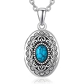 PRAYMOS 925 Sterling Silver Locket Necklace for Women Mother Oval Shaped Turquoise Locket Pendant Holds Pictures Vintage Style Photos Lockets Jewelry Gifts for Loved One