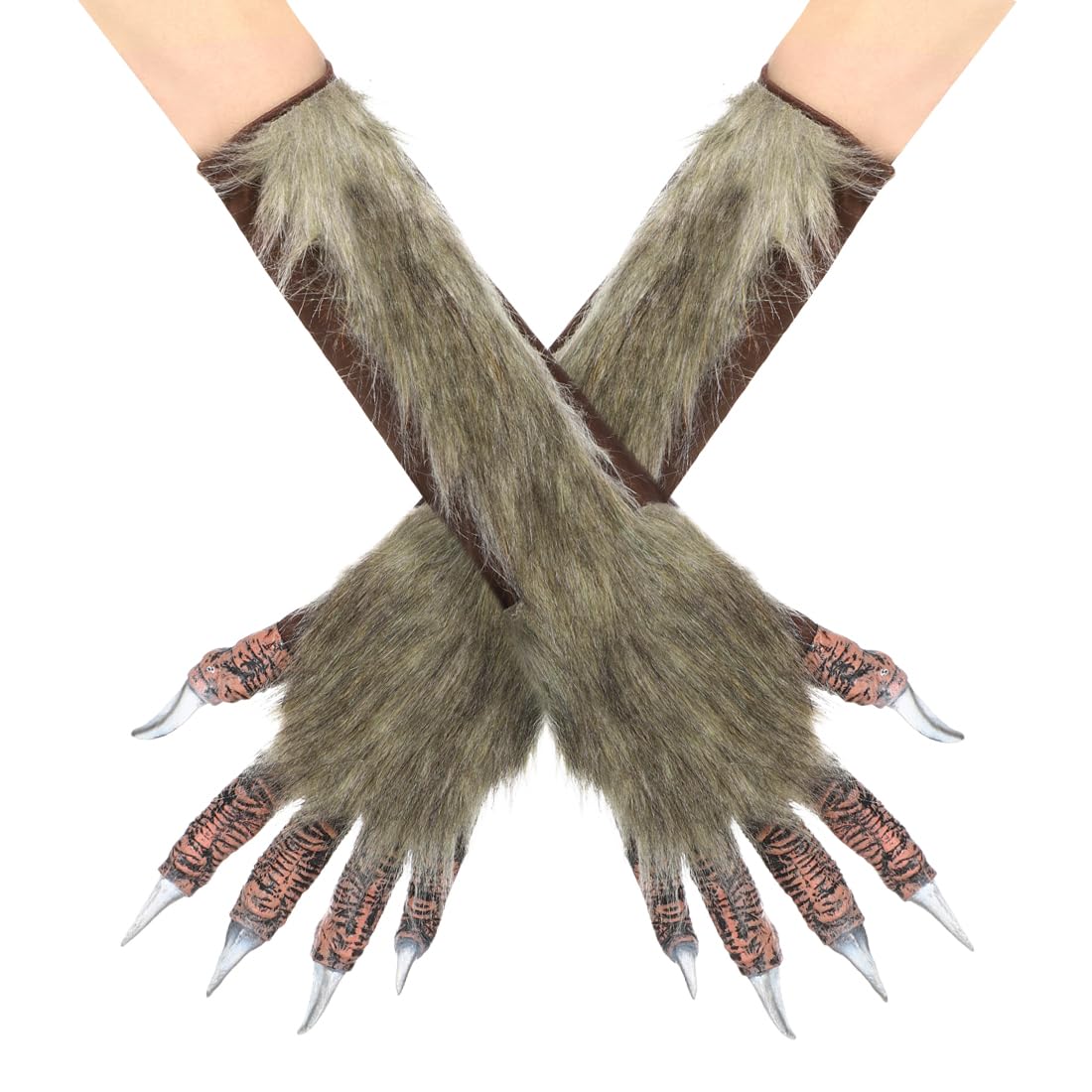 Halloween Werewolf Animal Furry Claw Paw Gloves - Hairy Hands Wolf Bear Paw Elbow Gloves with Long Nails - Scary Fancy Dress Party Cosplay Costume Dress Up Props — image 1