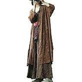 LUZU JUNU Women's Lightweight Cotton Kimono Floral Tie Up Loose Boho Cardigan Open Front Trench Coat Shawl With Pockets