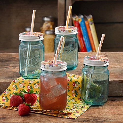 The Pioneer Woman Simple Homemade Goodness 16-Ounce Mason Jar with Timeless Floral Lid and Straw, 4-Pack