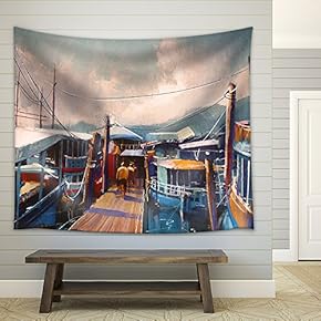 Colorful Painting of Fishing Boats in Harbor in Summer, Fabric Wall Tapestry Home Decor - 51x60 inches
