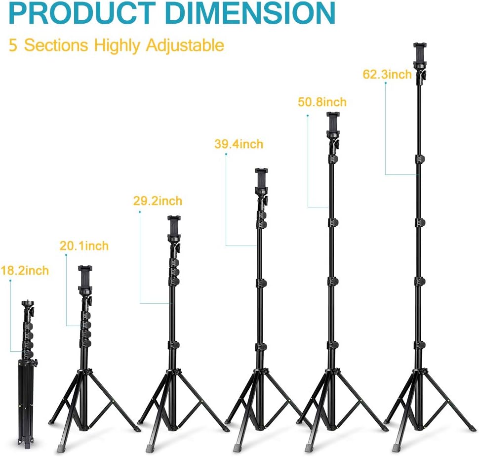 62" Phone Tripod Accessory Kits, Aureday Camera & Cell Phone Tripod Stand with Bluetooth Remote and Universal Tripod Head Mount, Perfect for Selfies/Video Recording/Vlogging/Live Streaming: Camera & Photo