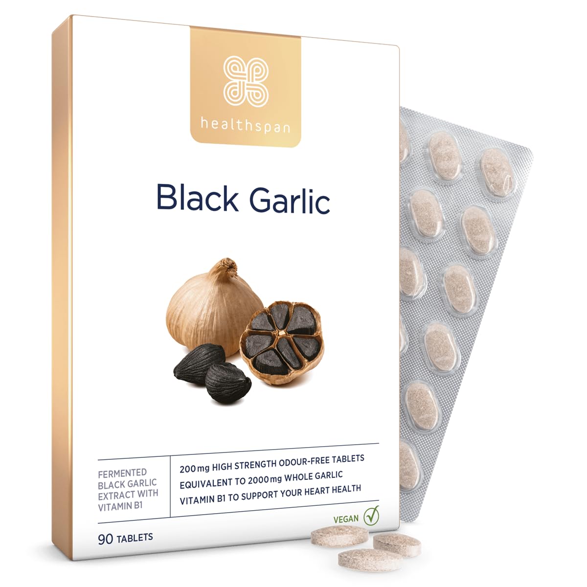 Healthspan Black Garlic 2,000mg | 90 Tablets | Heart Health | Added Vitamin B1 | Rich in Amino Acids | Odour Controlled Tablets | Vegan