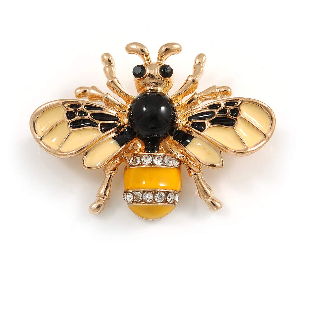 Adorable Black/Yellow Enamel Crystal Bee Brooch In Gold Tone - 35mm Across