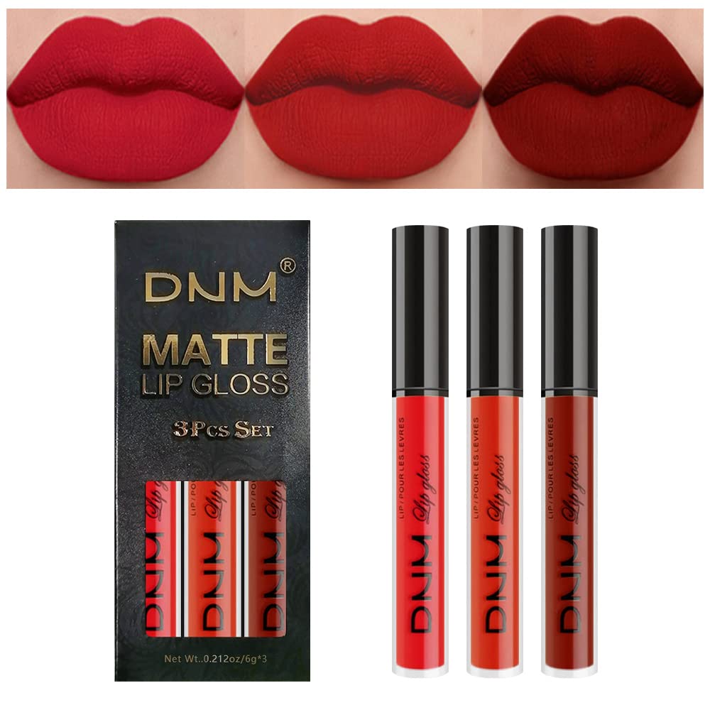 ZDHSOY 3Pcs Dark Bright Ruby Red Matte Liquid Lipstick Sets, Smudge Proof Long Lasting Matte Lipstick Lip Stain Lip Gloss Set 24 Hour Waterproof Matt Lipsticks Set Matt Liquid Makeup (Set05), 3 gram