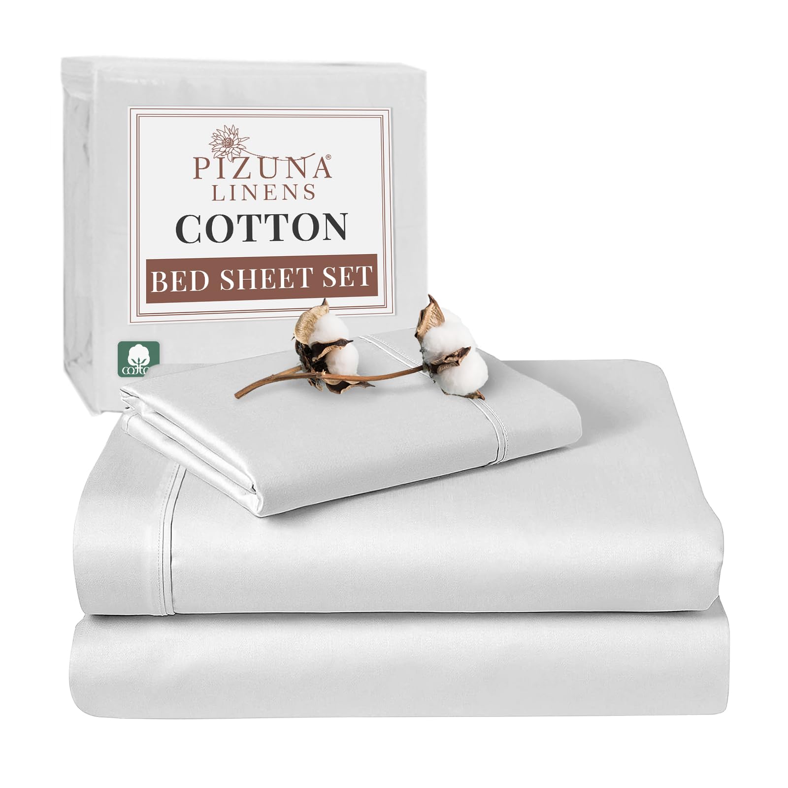 Pizuna 100% Cotton Single Bed Sheet Set White, 400 Thead Count Long Staple Cotton Bedding Set 180x280 cm, Soft Sateen 3 PC Single Bed Sheet Set - Fitted Sheet, Flat Sheet & 1 Pillowcase