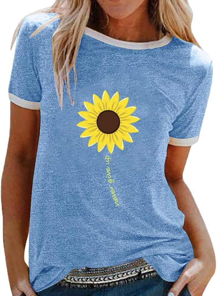 TShirt Damen Sommer, Teenager Mädchen Sonnenblume Never Give Up