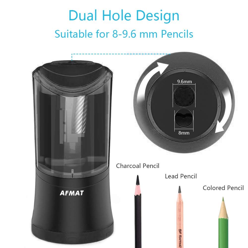 AFMAT Rechargeable Long Point Pencil Sharpener, 2 Holes, Fast Sharpen & Auto Stop, 8-17mm Super Long Point, Artist Pencil Sharpener for 6-9.6mm Large Pencil, Charcoal/Drawing/Sketching/Colored Pencils
