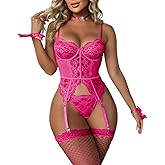 WDIRARA Women's Sexy Lingerie Set Floral Lace Garter Bustier Lingerie Set with 1Pair Fishnet Stocking