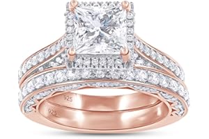 Wishrocks 2 Cttw Princess Cut Lab Created Moissanite Halo Bridal Set Engagement Ring For Women In 14K Gold Plated Sterling Silver (VVS1 Clarity, 2Cttw)