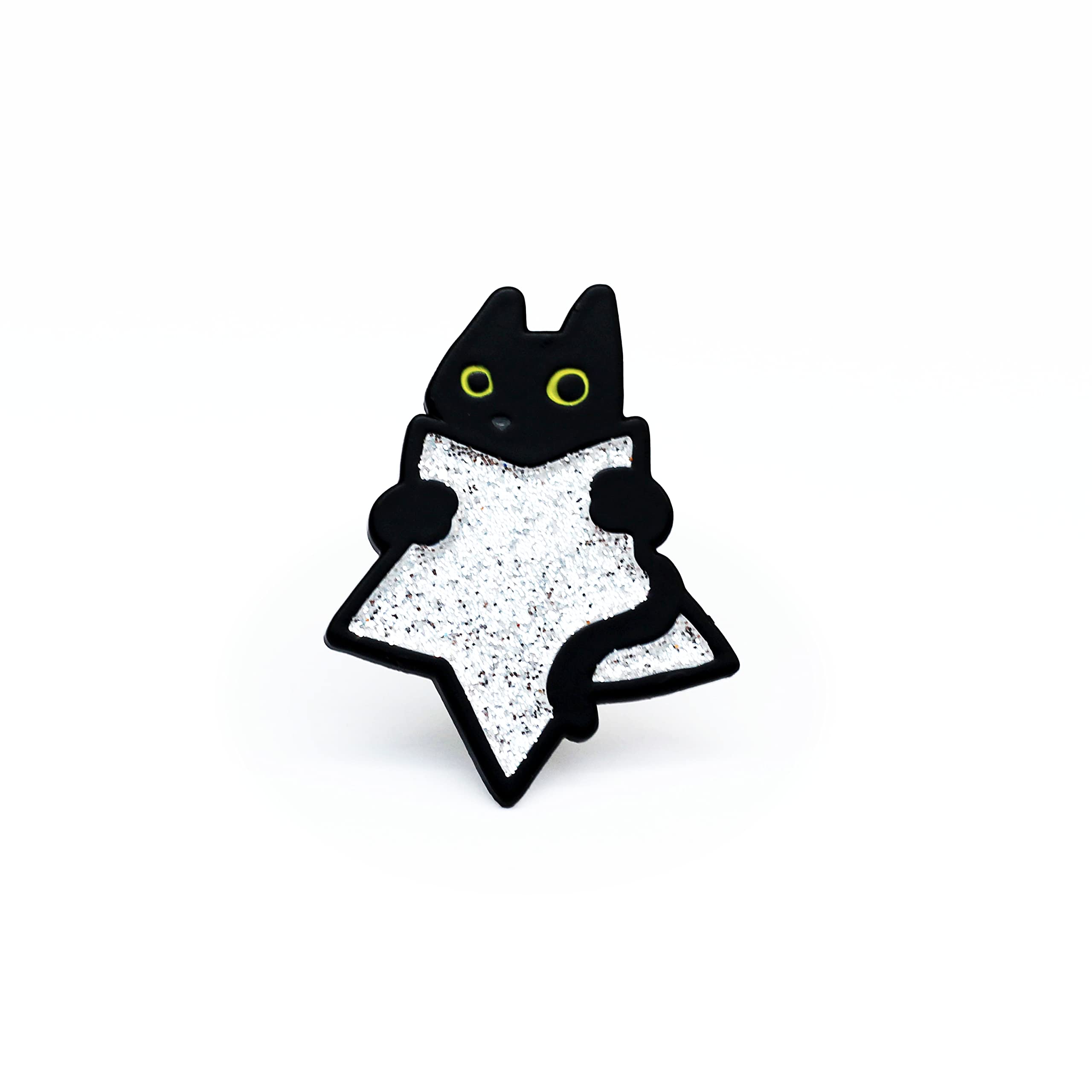Black cat with silver star pin, Sparkly cat enamel pin, Black cat with glitter star pin, Cute soft enamel pin, pin for cat dad, cat mum gift