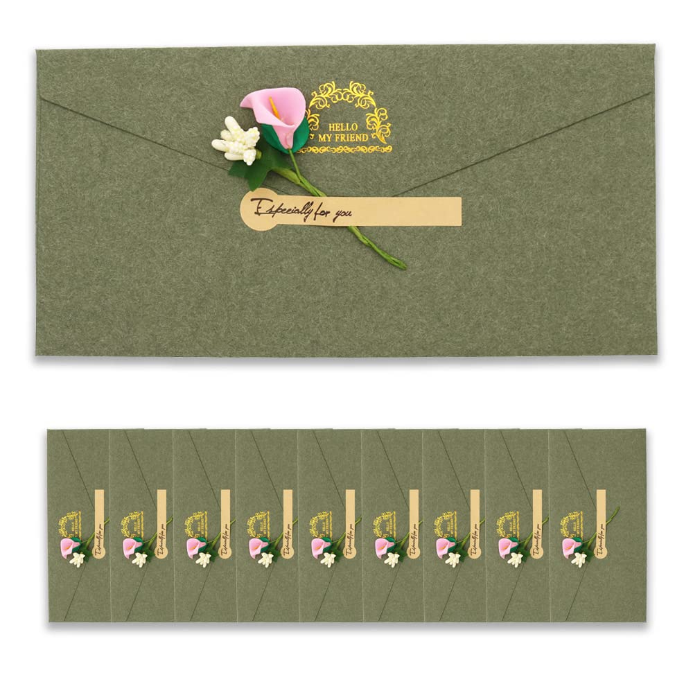 BITEYI 10pcs Fancy Envelopes with Greeting Cards Handmade Dried Flowers and Stickers,Vintage Kraft Paper Envelopes with Postcards (DarkGreen)