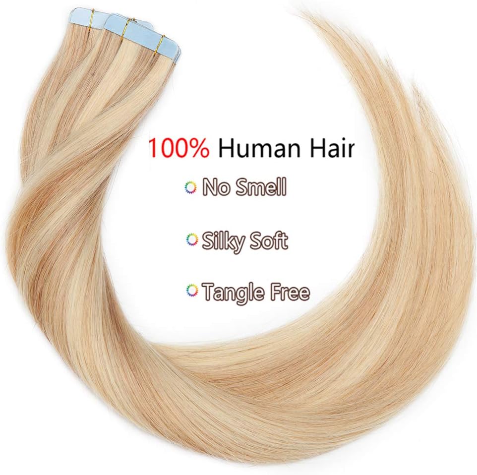 Silk-co Real Remy Tape in Straight Human Hair Extensions Silky Soft 10pcs 18inch #18P613 Ash Blonde&Bleach Blonde Balayage Seamless Tape on Hair Extension Straight Human Hair - Image 3