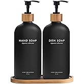 Vine Creations Black Glass Soap Dispenser Set, Hand Soap and Dish Soap Dispenser Set with Bamboo Tray, 16 oz Glass Dispensers Bottle for Kitchen and Bathroom Decor Modern Boho with Bamboo Pump (Black)