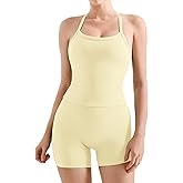 SUUKSESS Women 2 Piece Workout Sets High Waisted Tummy Control Biker Shorts Halter Padded Tank Tops