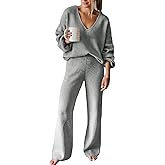 Viottiset Women's 2 Piece Outfits Casual V Neck Knit Wide Leg Sweater Lounge Set Sweatsuit