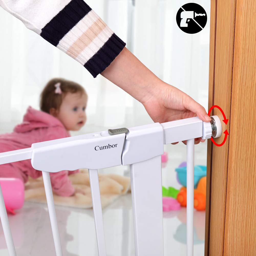 Cumbor 46” Auto Close Safety Baby Gate, Extra Tall and Wide Child Gate, Easy Walk Thru Durability Dog Gate for The House, Stairs, Doorways. Includes 4 Wall Cups, 2.75-Inch and 8.25-Inch Extension