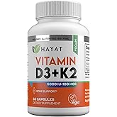 HAYAT Vitamins Vegan Vitamin D3+K2 (5000 IU + 100 MCG), Dietary Supplement for Bone, Teeth, Muscle and Immune Health Support, 2 Month Supply, Certified Halal, 60 Capsules, Made in The USA