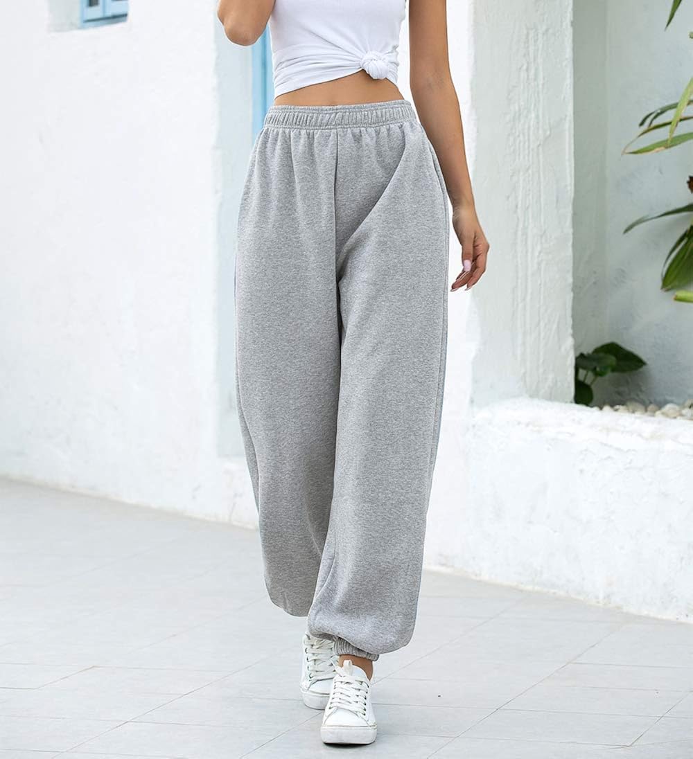 Meladyan Women's Solid Baggy Joggers Sweatpants Elastic High Waist Active Pants with Two Pockets: Clothing