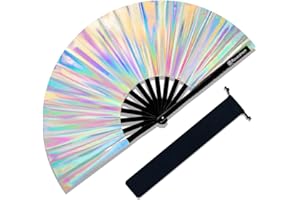 Raveahem Large Rave Fan, Clack Folding Hand Fan with Premium Fabric, Thick Bamboo Frame for Men Women Gift for EDM, Festival, Club, Party, Dance, Decoration (Holographic Silver, 13")