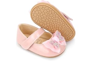 Clowora Infant Toddler Baby Girl Dress Shoes Mary Jane First Walking PU Leather Princess Wedding Rubber Sole Non-Slip with Bowknot Floral Flats