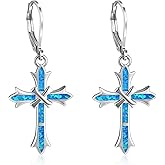 ONEFINITY Opal Cross Abalone Shell Earrings Sterling Silver Cross Dangle Drop Earring Cross Leverback Earrings for Women