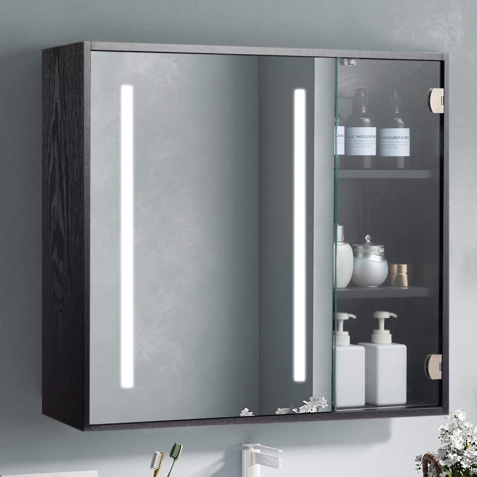 Photo 1 of ALIMORDEN Medicine Cabinet with LED Lighted, Bathroom Wall Cabinet with Glass Door, 2 Doors Wall Mounted Bathroom Mirror, Recessed or Surface Mount, Morden Black(Cubic 30 x 27.2)