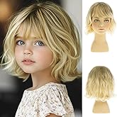 Dsimeig Short Wavy Blonde Kids Wig Synthetic Girls Bob Wig with Bangs Child Cosplay Costume Party Use
