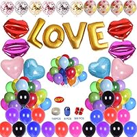 200 Pieces Party Balloons Decoration Supplies Set-Love Banner,Heart Balloons,Lip Print Balloons,Foil Confetti Balloons with Rose Petal&Tape&Ribbon for Home Party,Birthday,Wedding,Baby Showers