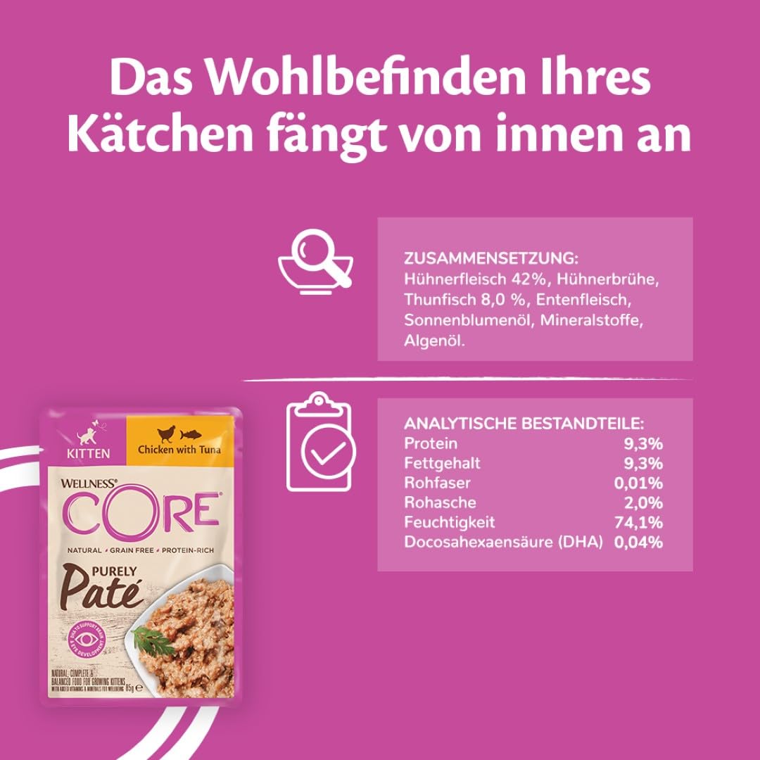 Wellness CORE Purely Paté 24 x 85g, Huhn & Thunfisch – Nassfutter für Katze, feine Pastete für Kitten, getreidefrei, natürlich, hypoallergen, proteinreich, hoher Fleischanteil 3