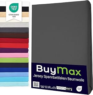 Buymax Spannbettlaken 180x200cm Baumwolle 100% Spannbetttuch Bettlaken Jersey, Matratzenhöhe bis 25 cm, Farbe Anthrazit