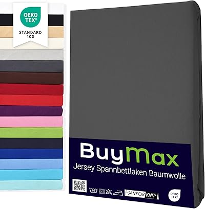 Buymax Spannbettlaken 180x200cm Baumwolle 100% Spannbetttuch Bettlaken Jersey, Matratzenhöhe bis 25 cm, Farbe Anthrazit