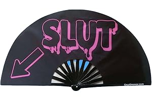 PandaTak Gay Pride Folding Hand Fans, Funny Large 13" Bamboo Fan with UV Reactive Ink, for LGBTQ Circuit Parties EDM Festivals and Raves (Slut - Left Arrow)