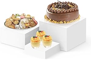 HEIMMA 3 Pack White Buffet Food Risers, Acrylic Cube Box Nesting Display Risers for Dessert Food Collectibles Jewelry Figures Show, Display Stands for retail vendor events, Hollow Bottoms, Square, White