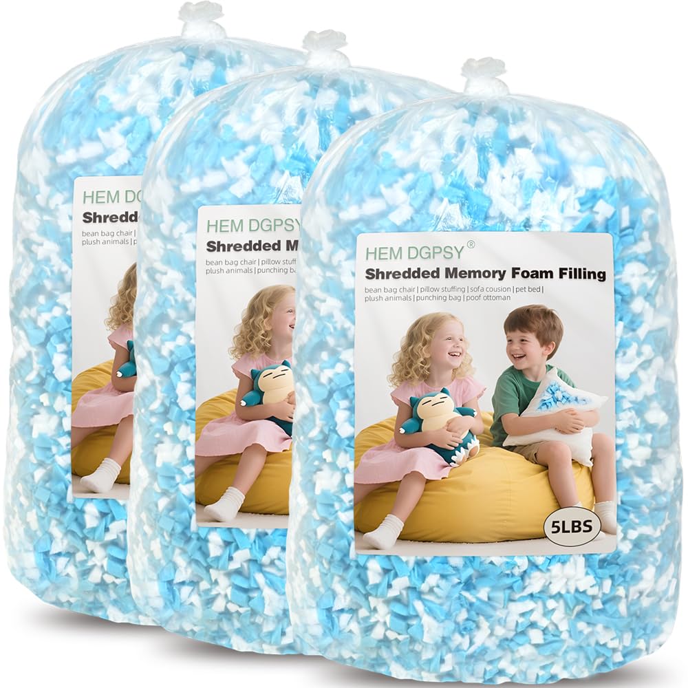 Hem Dgpsy 15lbs Shredded Gel Memory Foam Filling for Bean Bag Chair, Real Memory Foam Stuffing for Cooling Pillow, Couch, Pouf Beanbag Chair, Dog Bed, Cushion, Art Crafts
