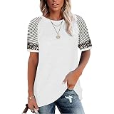 Sieanear Women's Short Sleeve T-Shirt - Striped Color Block Leopard Print Casual Top, Size Large - View #4