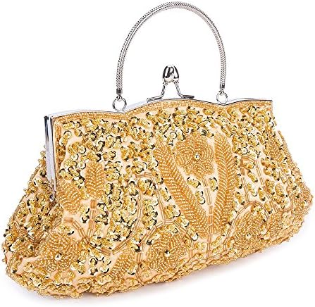 Women Beaded Sequined Clutch Purse Metal Frame Kissing Lock Evening Bag Party Bridal Wedding Handbag(Gold)