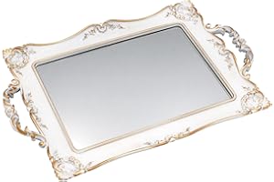 Tstarer Antique Decorative Gold Framed Square Mirror Tray, Jewelry & Cosmetics Organizer for Dresser, Square - 9.5" W x 14.5" L (White)