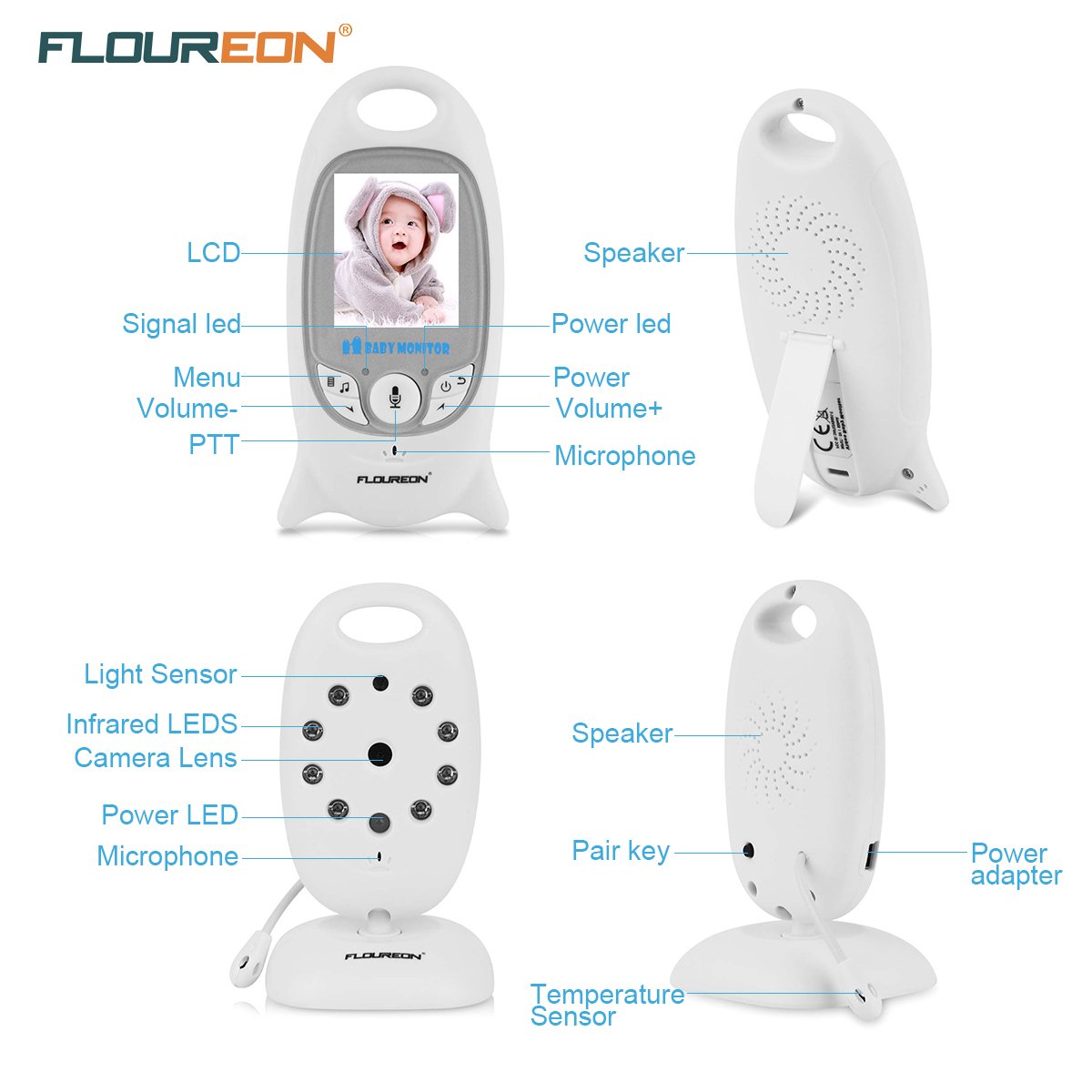 FLOUREON Wireless Baby Monitor Camera Bambini Videosorveglianza Sicurezza, Interfono, Visione Notturna, Monitoraggio Temperatura, LCD Display