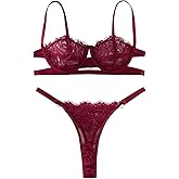 Lilosy Sexy Eyelash Underwire Floral Lace Sheer O Ring Linked Cutout Lingerie Set