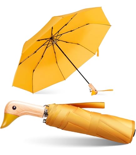 SERUMY Folding Umbrella Semi-Automatic Sun Umbrella Cute Duck Head Wood Handle 8K Folding Windproof Black Coating Uv Protection Rain Umbrella-Black-D