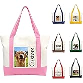 Zloris Personalized Canvas Tote Bag for Women Embroidered Name Custom Tote Bag with Zipper Reusable Grocery Bags