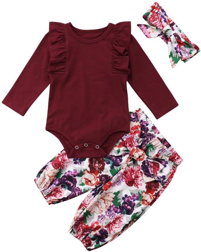 Baby Girl Long Sleeve Bodysuit with Ruffles + Floral Pants + Headband 3Pcs Outfits Clothes Set